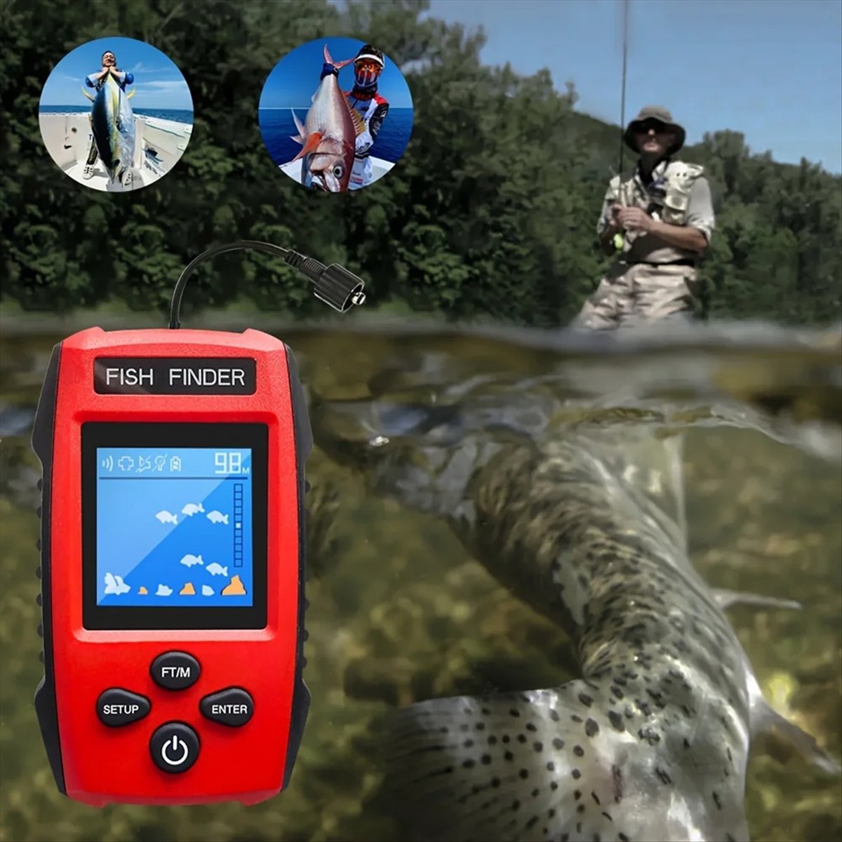 Fishing Boat Depth Finder - カラー液晶魚群探知機 有線ソナー送信機 検出深度計付き 釣りボート、カヤック、釣り用